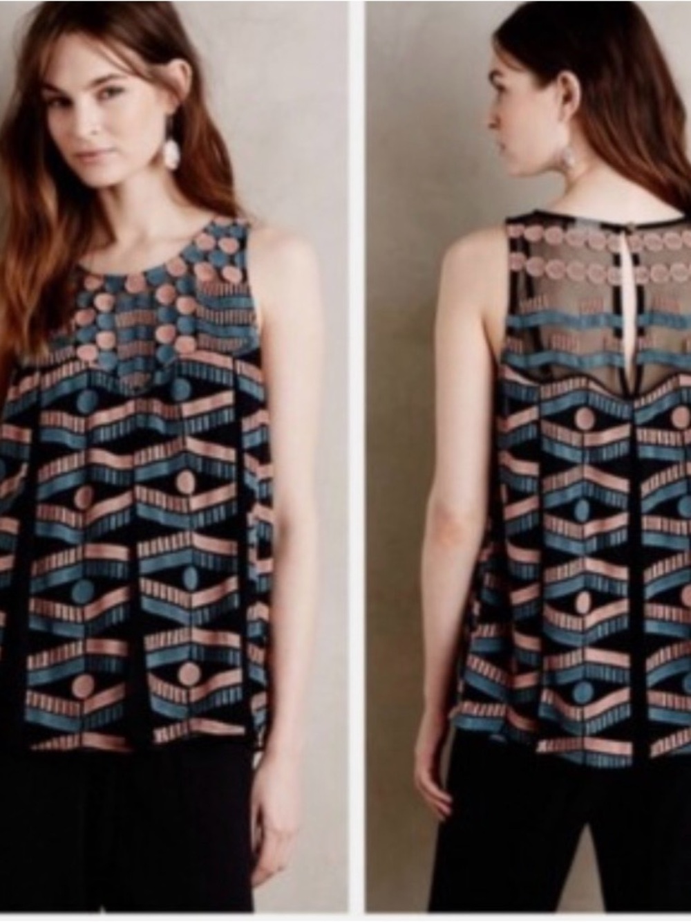 #779 Anthropology Akemi + Kin Geometric Print Embroidered Sleeveless Tank Top